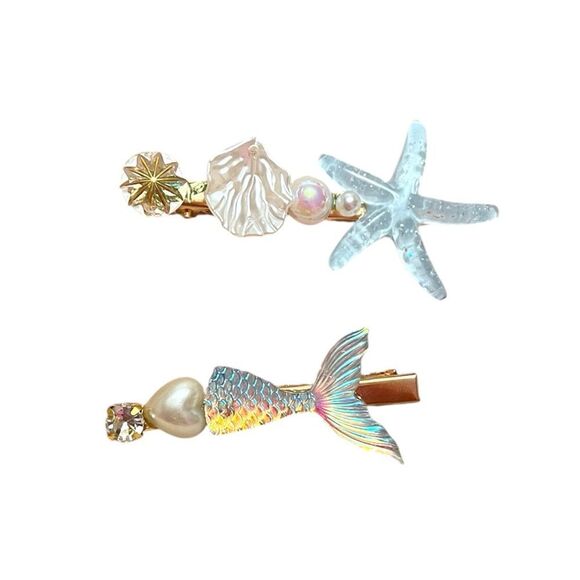 Blue Iridescent Mermaid and Starfish Alligator Hair Clips - Picture 1 of 3
